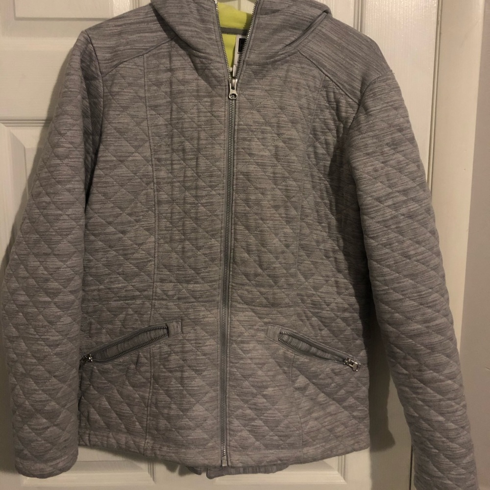 Grey and lime green North Face hooded zipup jacket